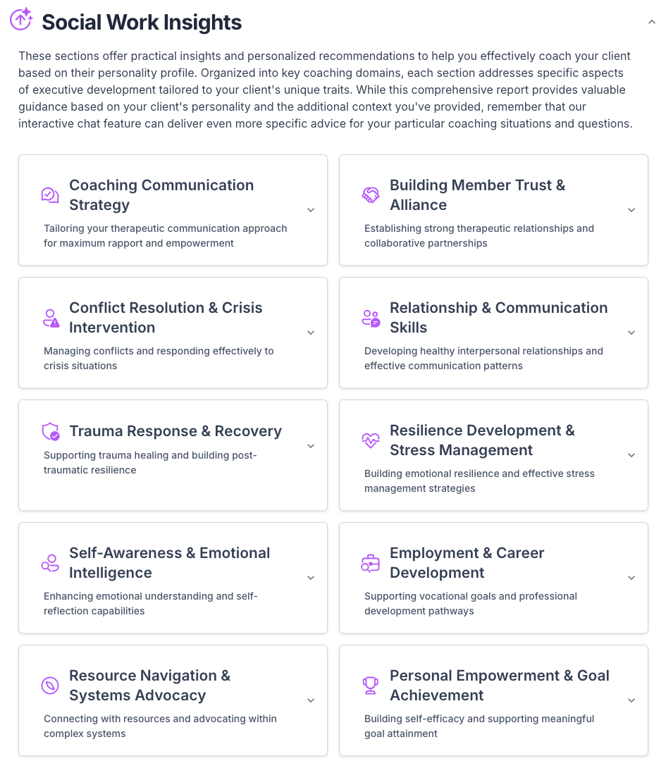 Coaching Report Sections (Social Work)